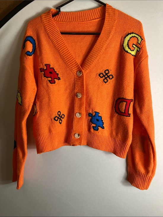 SHEIN Sweaters - SHEIN Bright Orange V-Neck Button Front Cardigan with Multicolor Patches